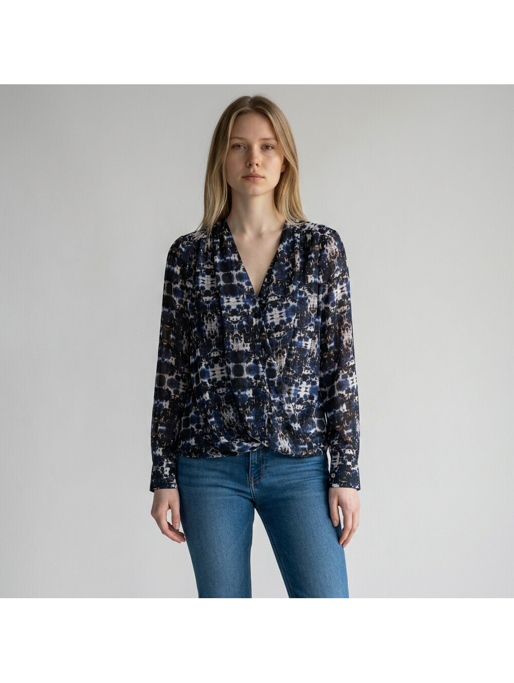 Joe Fresh Blouse Women L Large Black Geometric V-Neck Long Sleeve Casual